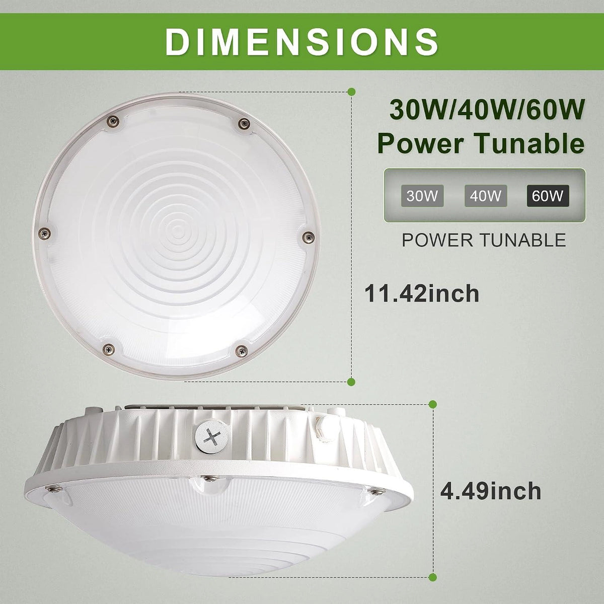 Selectable LED Round Canopy Light 30W/40W/60W | 5000K IP65 DLC Commercial Parking Garage Light