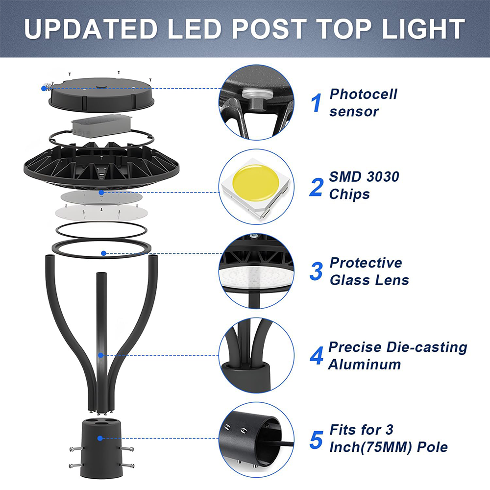 LFD Lighting 80W/100W/120W/150W Wattage Selectable LED Post Top Light For Garden