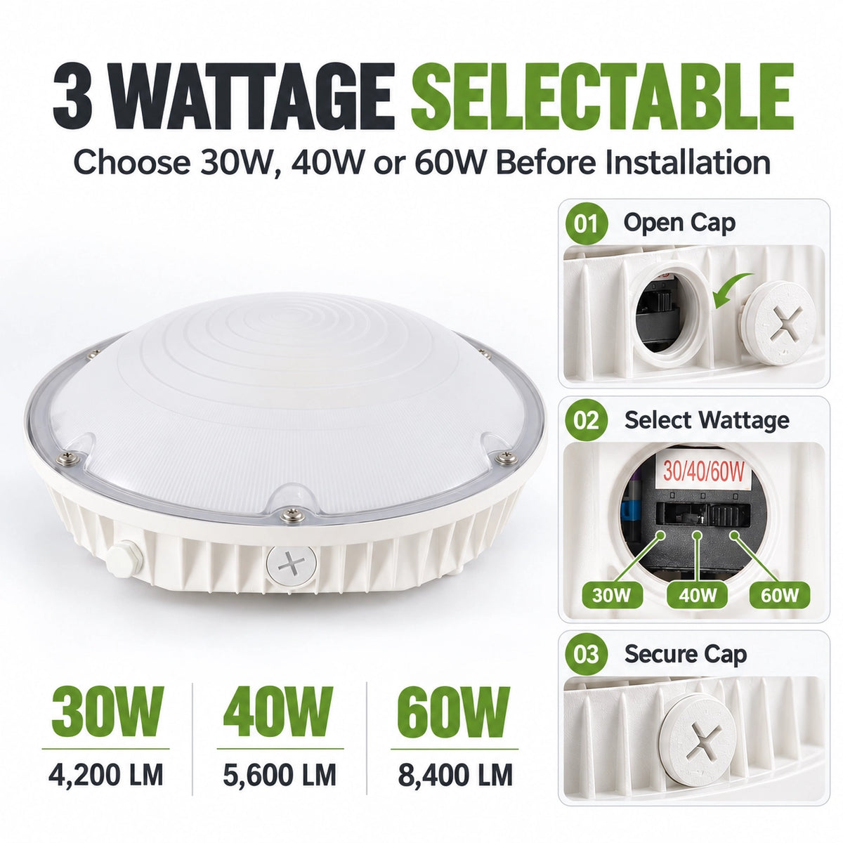 Selectable LED Round Canopy Light 30W/40W/60W | 5000K IP65 DLC Commercial Parking Garage Light