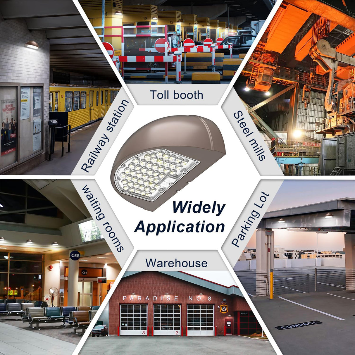 Installed LFD Half Moon wall pack light illuminating commercial building exterior at night.