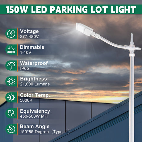 150W LED Pole Light-White Housing-AC 277~480V-Slip Fitter Mount-450~500W MH Equivalent-CCT 5000K-21,000 Lumens-5 Years Warranty