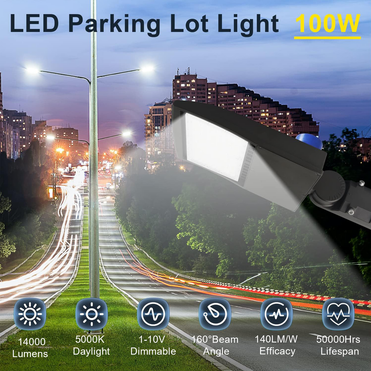 LFD Lighting 100W LED Shoebox Light-LED Parking Lot Light-With Dusk to Dawn Photocell-14,000 Lumens-CCT 5000K-UL+DLC 5.1