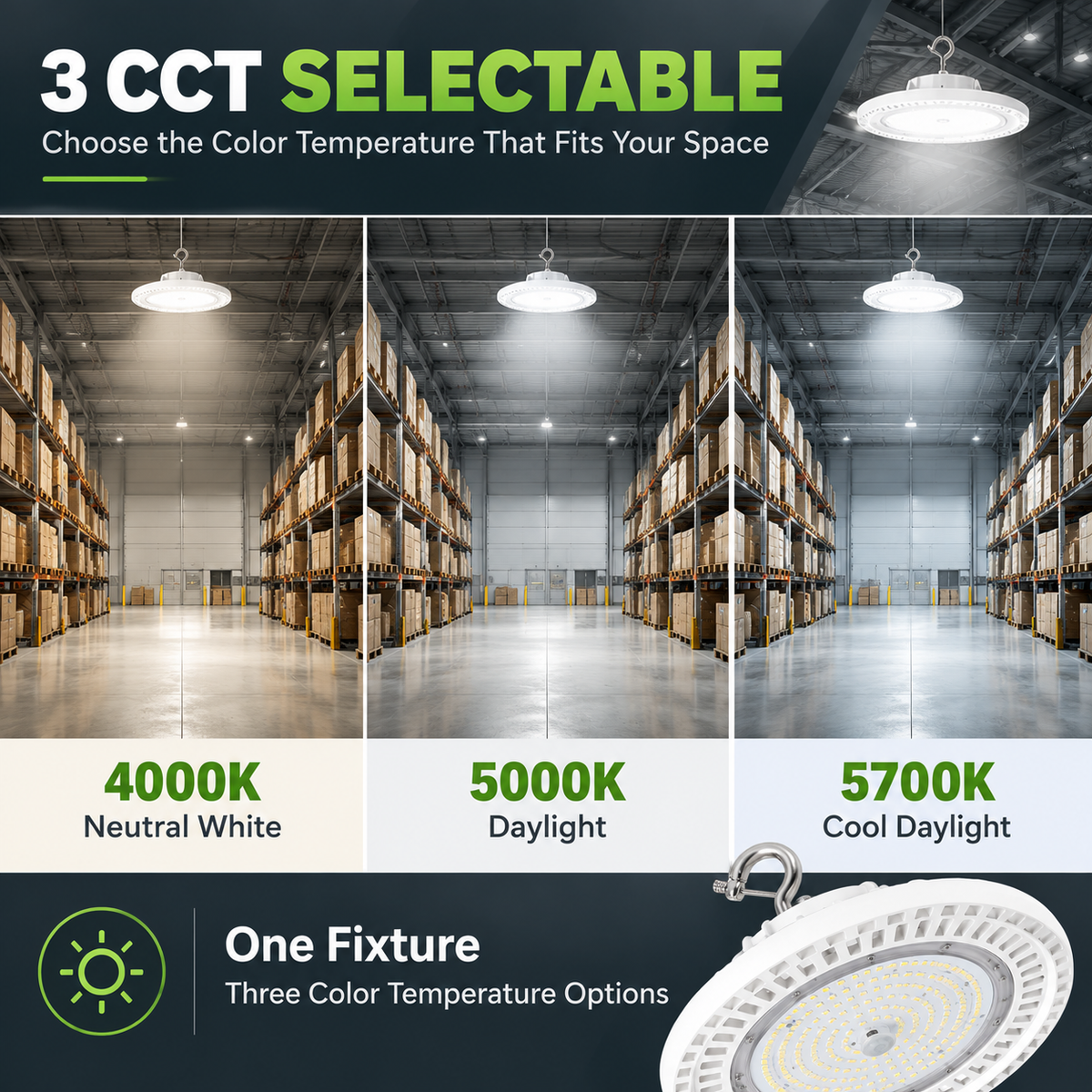 White UFO LED High Bay Light 170W/150W/100W Selectable | 4000K/5000K/5700K