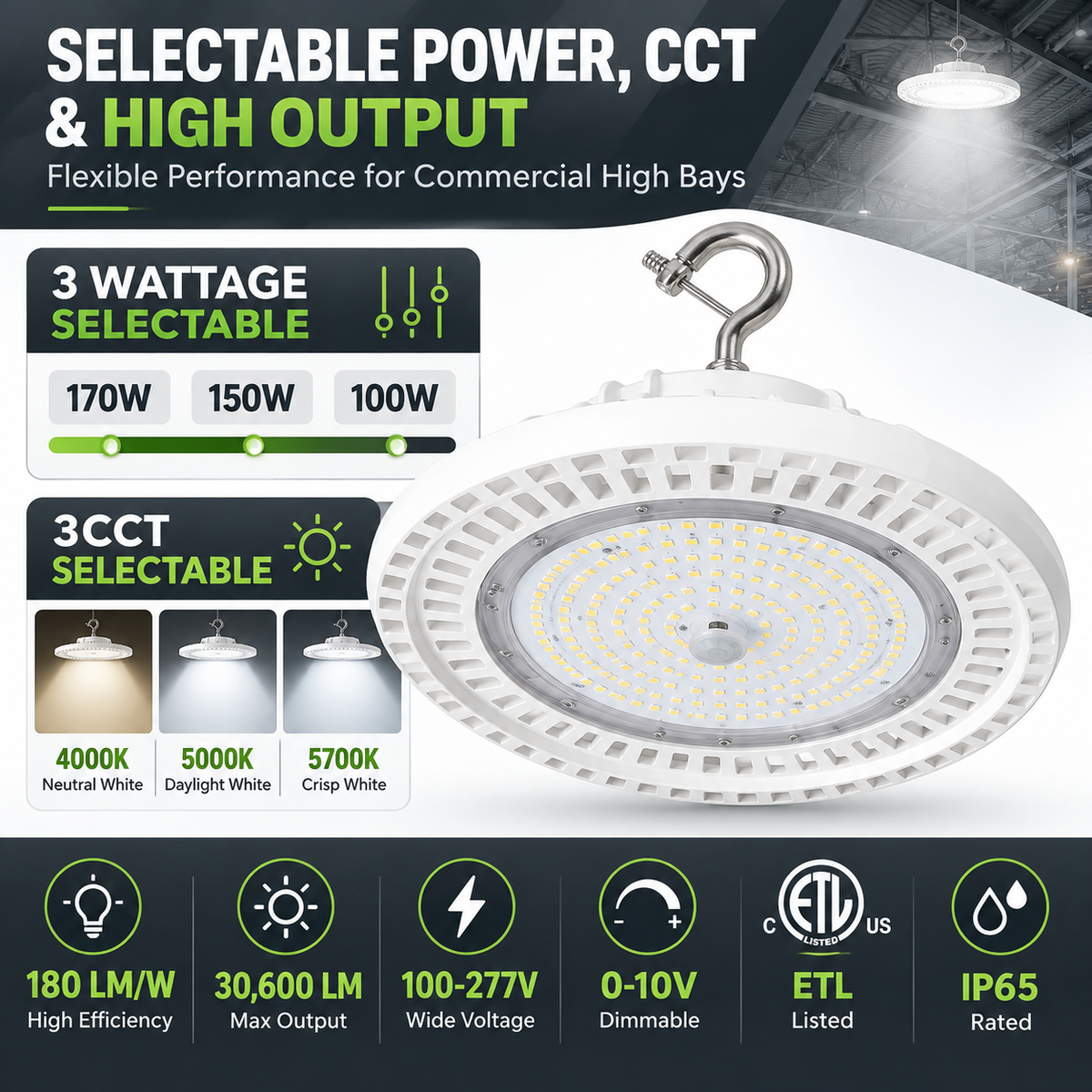 White UFO LED High Bay Light 170W/150W/100W Selectable | 4000K/5000K/5700K