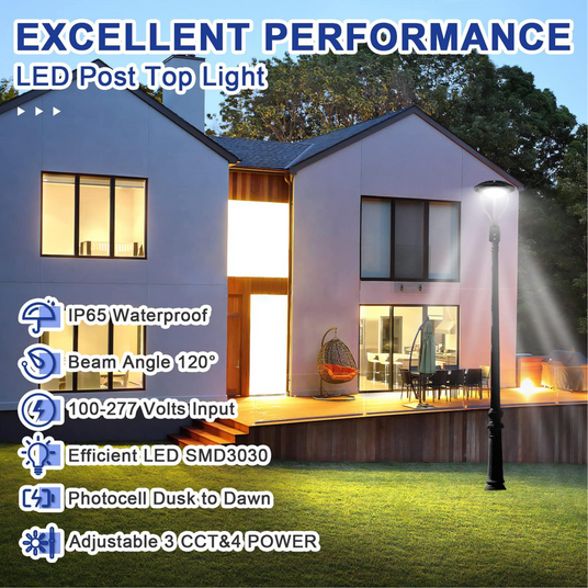 LFD Lighting 80W/100W/120W/150W Wattage Selectable LED Post Top Light-CCT 3000K/4000K/5000K Selectable-Outdoor Waterproof-5 Years warranty-Compatible Photocell-DLC+ETL Certified