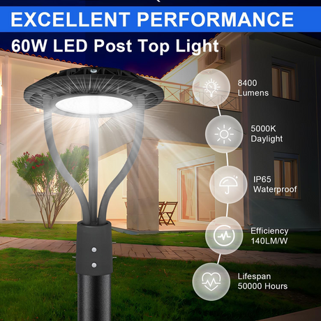 LFD Lighting 60W LED Post Top Light -CCT 5000K-Outdoor Waterproof-Compatible Photocell-5 Years warranty-ETL+ DLC 5.1