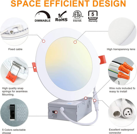 30 Pack-6 inch Ultra-Thin LED Recessed Downlight-Canless-Selectable CCT-Dimmable-2700K/3000K/3500K/4000K/5000K-5 Years Warranty