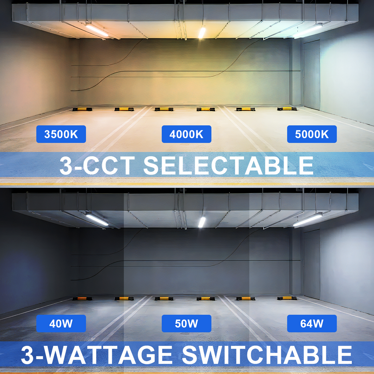 4 Pack-8ft Linear Strip Light-Shop Light-Wattage 40W/50W/64W-CCT 3500K/4000K/5000K-Wattage And CCT Selectable-DLC 5.1 Listed