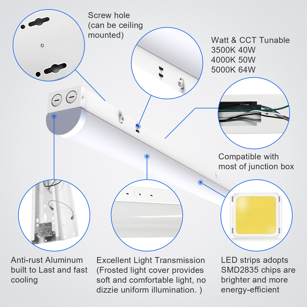 4 Pack-8ft Linear Strip Light-Shop Light-Wattage 40W/50W/64W-CCT 3500K/4000K/5000K-Wattage And CCT Selectable-DLC 5.1 Listed
