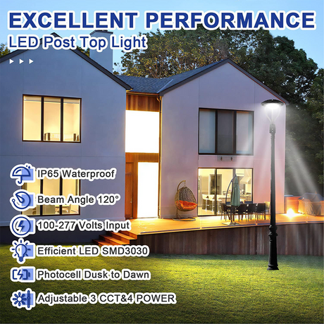 LFD Lighting 80W/100W/120W/150W Wattage Selectable LED Post Top Light  For Garden