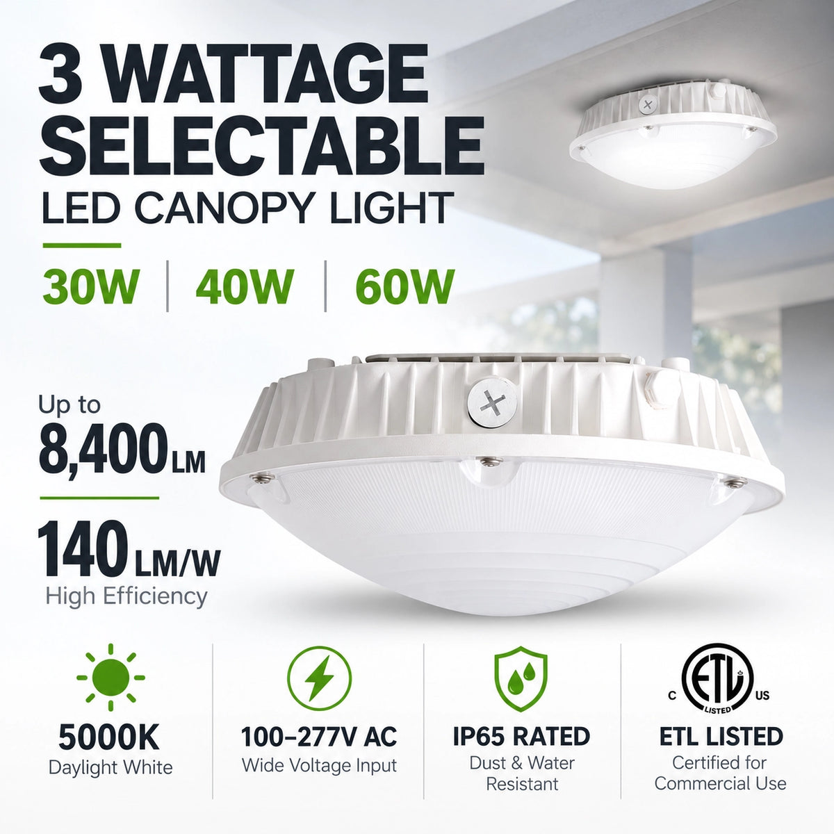 Selectable LED Round Canopy Light 30W/40W/60W | 5000K IP65 DLC Commercial Parking Garage Light
