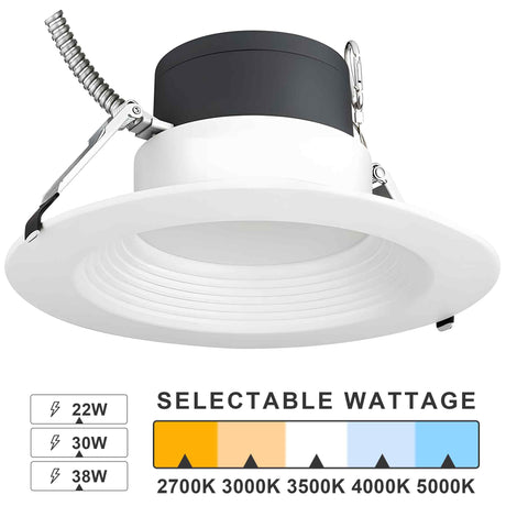 10'' LED Commercial Recessed Downlight-Selectable Wattage 22/30/38W-Selectable CCT 2700K/3000K/3500K/4000K/5000K-0~10V Dimmable