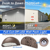 LFD LED wall pack with built-in photocell dusk to dawn sensor for outdoor security lighting.