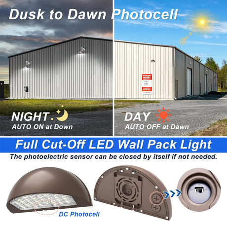LFD LED wall pack with built-in photocell dusk to dawn sensor for outdoor security lighting.