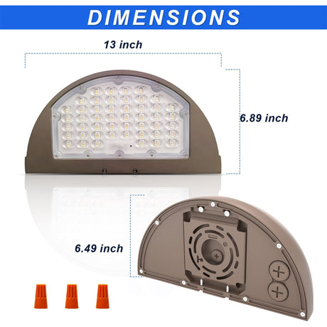 LFD Half Moon LED wall pack light brightening warehouse, parking lot, and pathway areas.