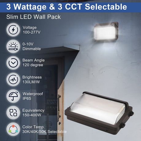 LFD Lighting 80/100/120W Wattage Selectable-LED Wall Pack Look Contractor Select CCT 3000/4000/5000K-Compatible Photocell-UL+DLC 5.1