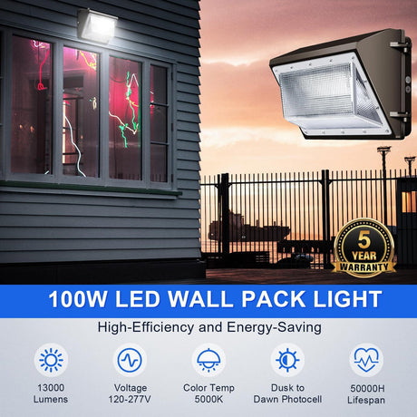 100W LED Wall Pack-Universal Photocell-13,000 Lumens-320W Metal Halide Equivalent -CCT 5000K